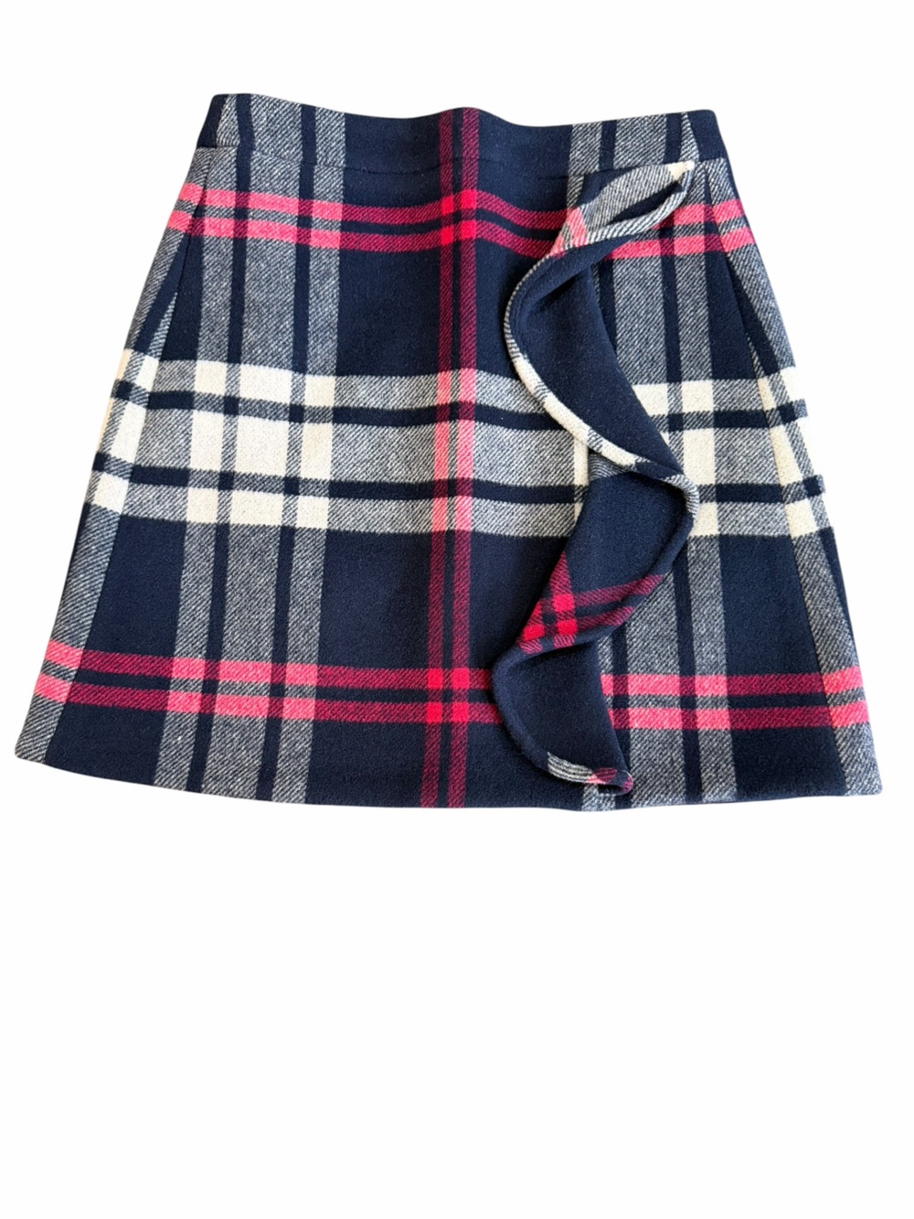 J.Crew Wool Blend Plaid Ruffle Mini Skirt Size 00 Navy Red Preppy